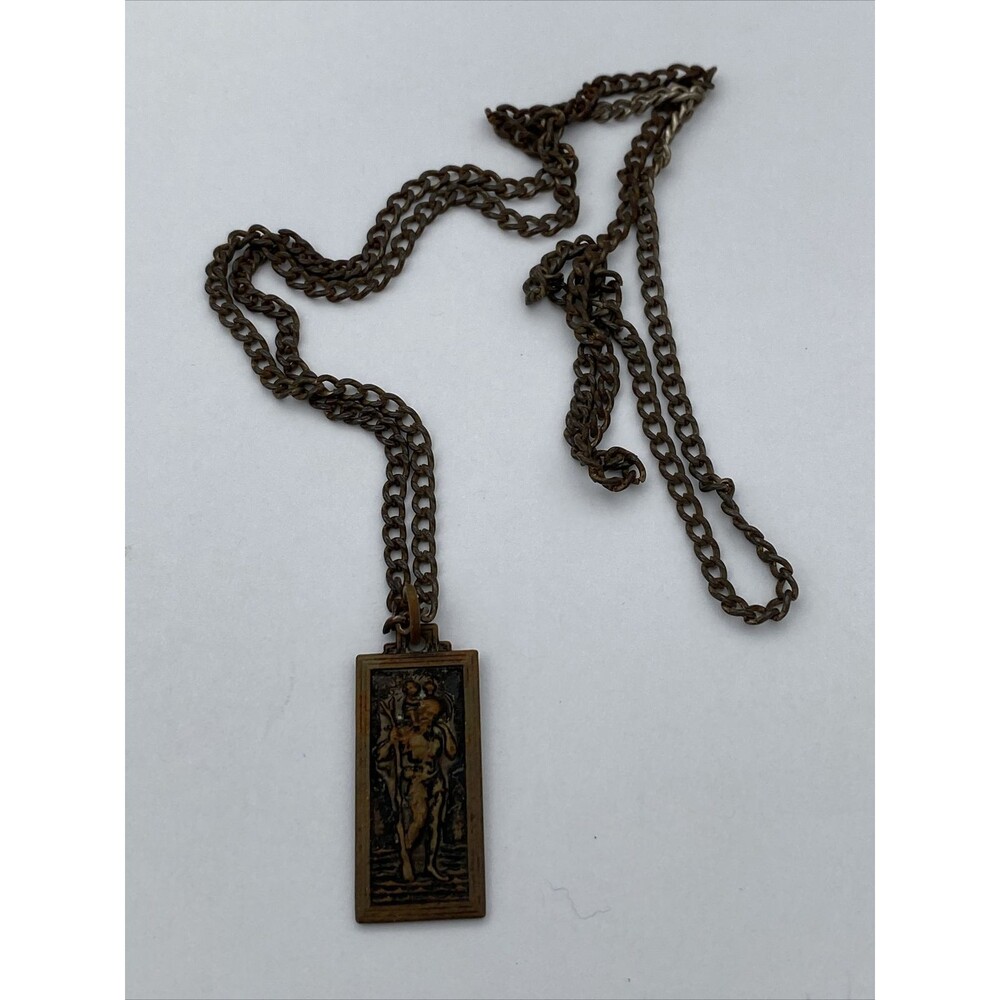 Vintage Italy St. Christopher Travel Protection Talisman With Chain 1940-50s